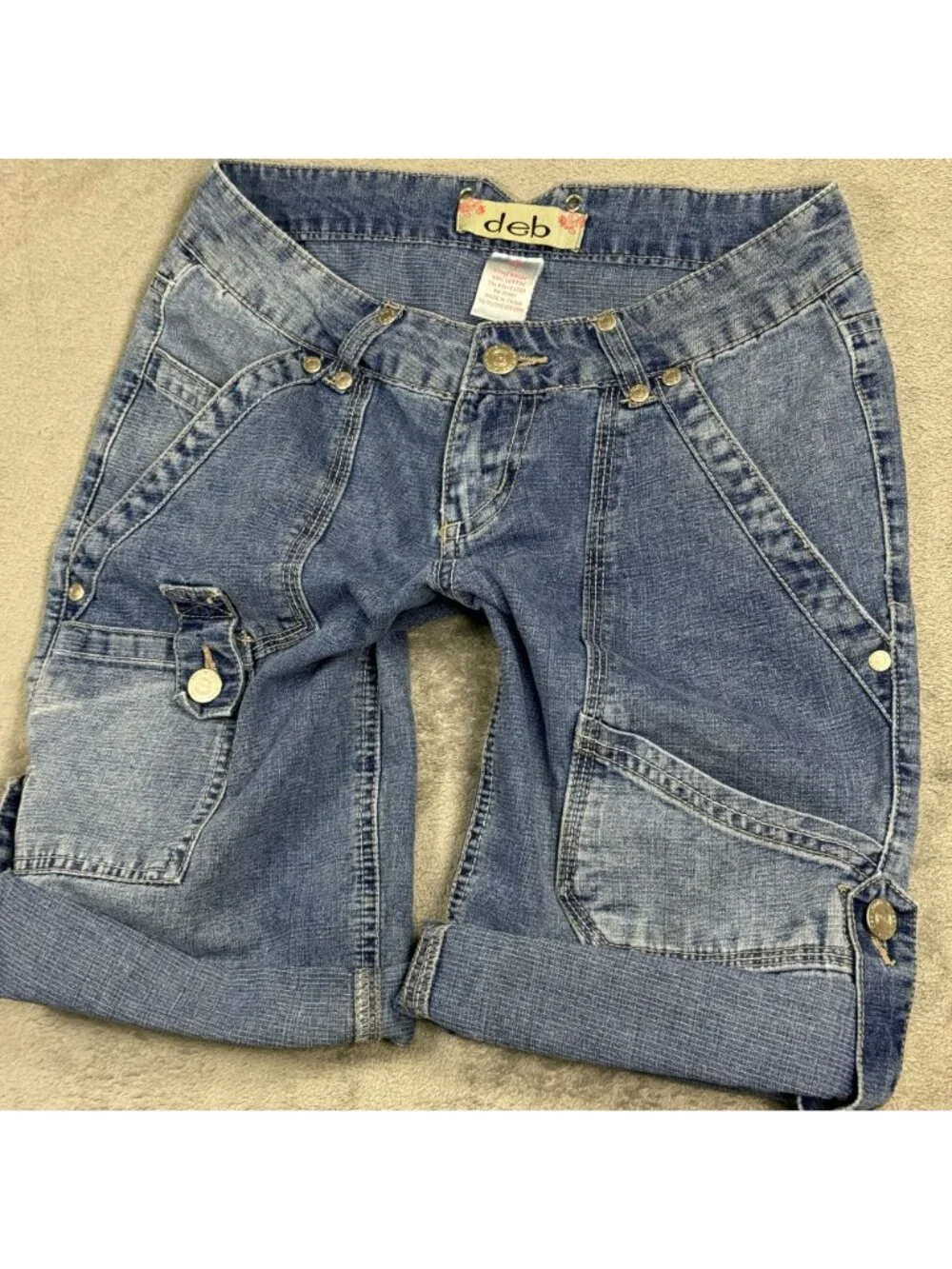Y2K 2000s Ultra Low Rise Jorts Womens 3 Roll-Up Denim Bermuda Shorts Grunge Blue
